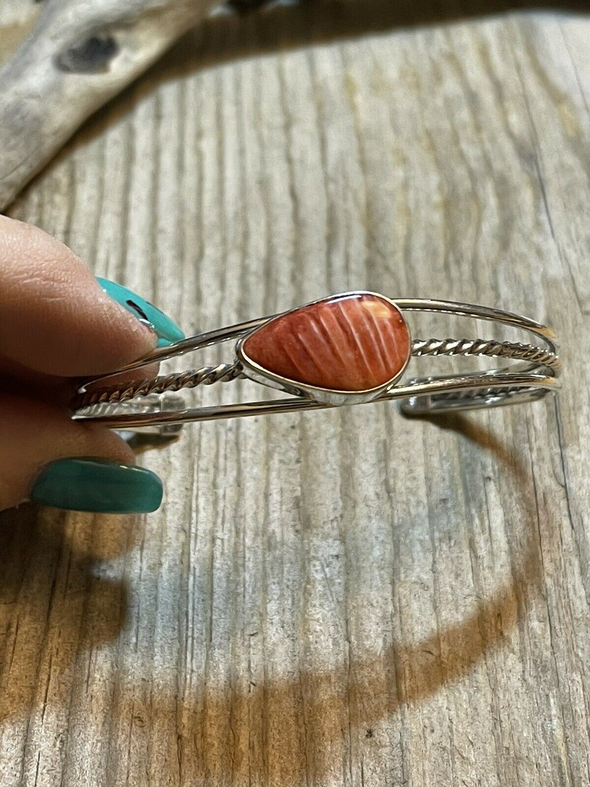 Navajo Teardrop Orange Spiny Sterling Silver Bracelet Rope Style Cuff