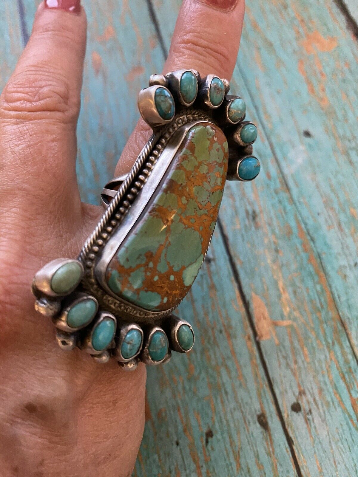 Navajo Sterling Royston And Carico Lake Turquoise Cluster Ring Size 7