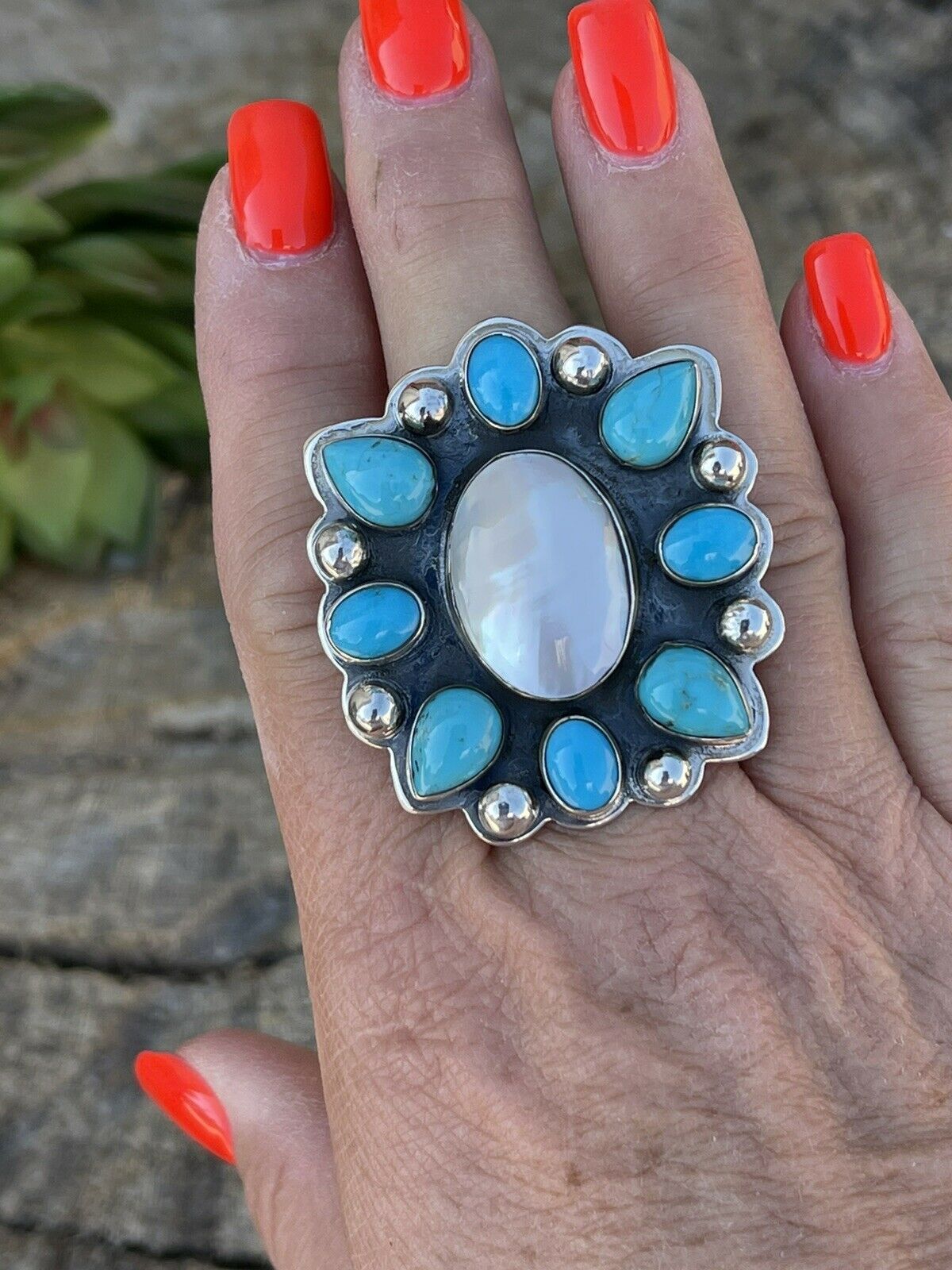 Navajo Cluster Turquoise & Mother Of Pearl Sterling Silver Ring Sz Is Adjustable