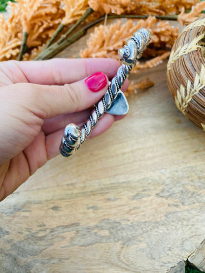 Navajo Hand Stamped Sterling Silver & Royston Turquoise Cuff Bracelet