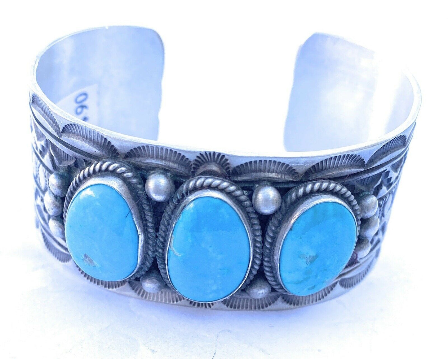 Vintage Navajo Turquoise & Sterling Silver Hand Stamped Cuff Bracelet