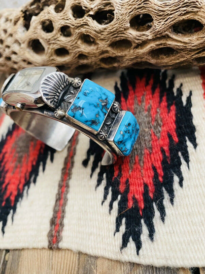 Vintage Navajo Turquoise & Sterling Silver Watch Cuff Signed