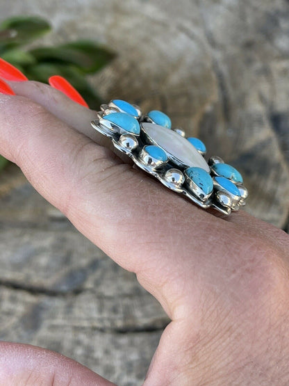 Navajo Cluster Turquoise & Mother Of Pearl Sterling Silver Ring Sz Is Adjustable