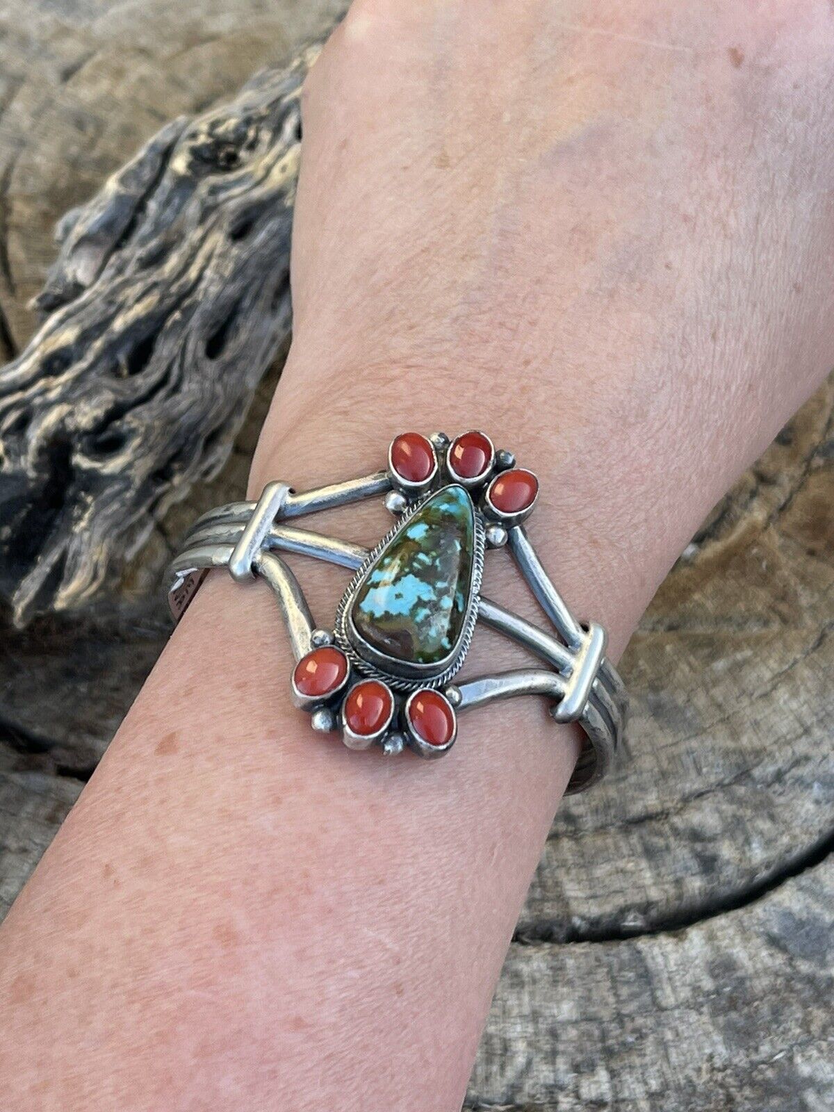 Navajo Sterling Kingman Web Turquoise & Red Coral Taos Bracelet Cuff Johnson