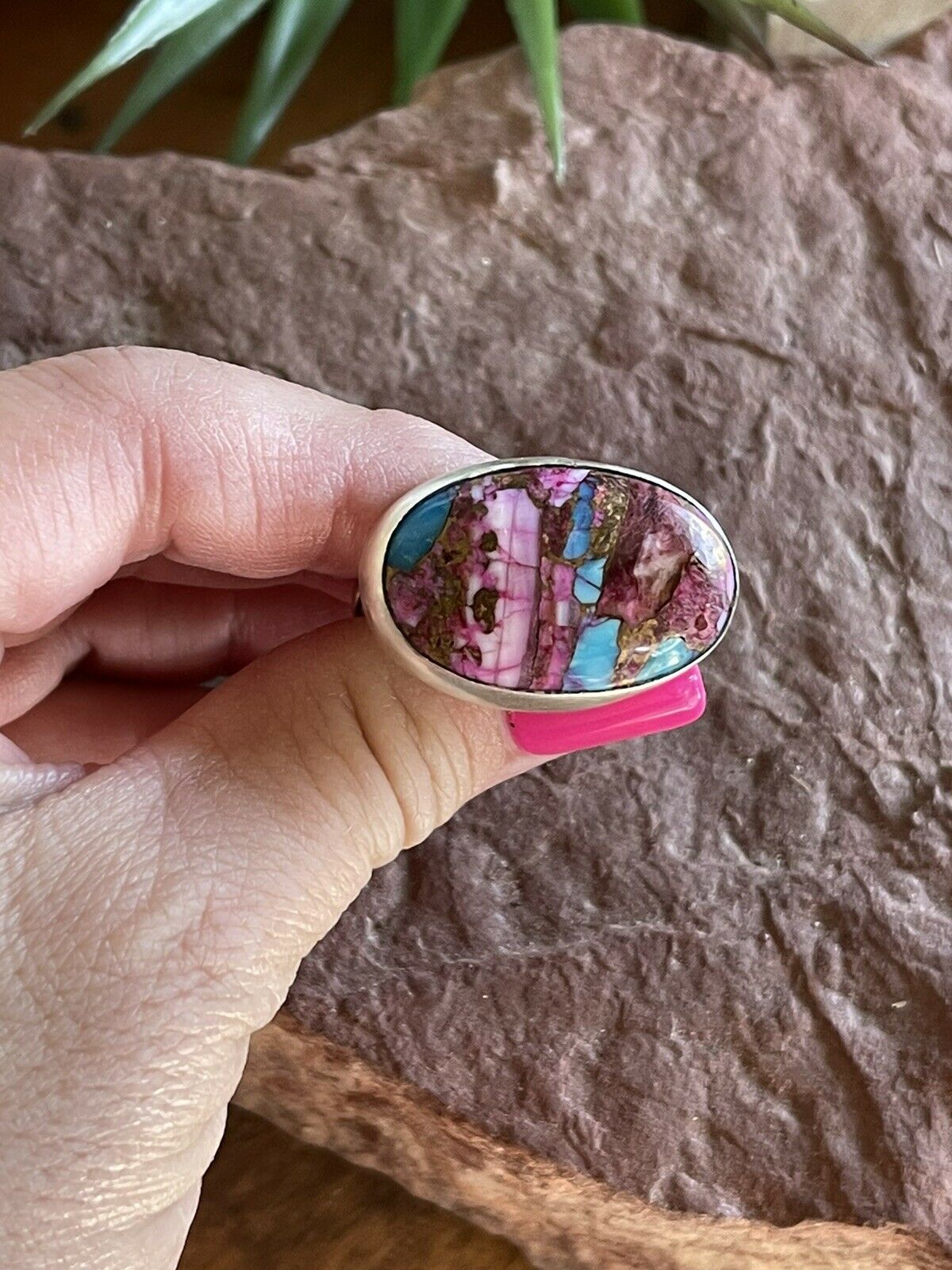 Navajo Pink Dream Mojave Oval Rope & Sterling Silver Adjustable Ring