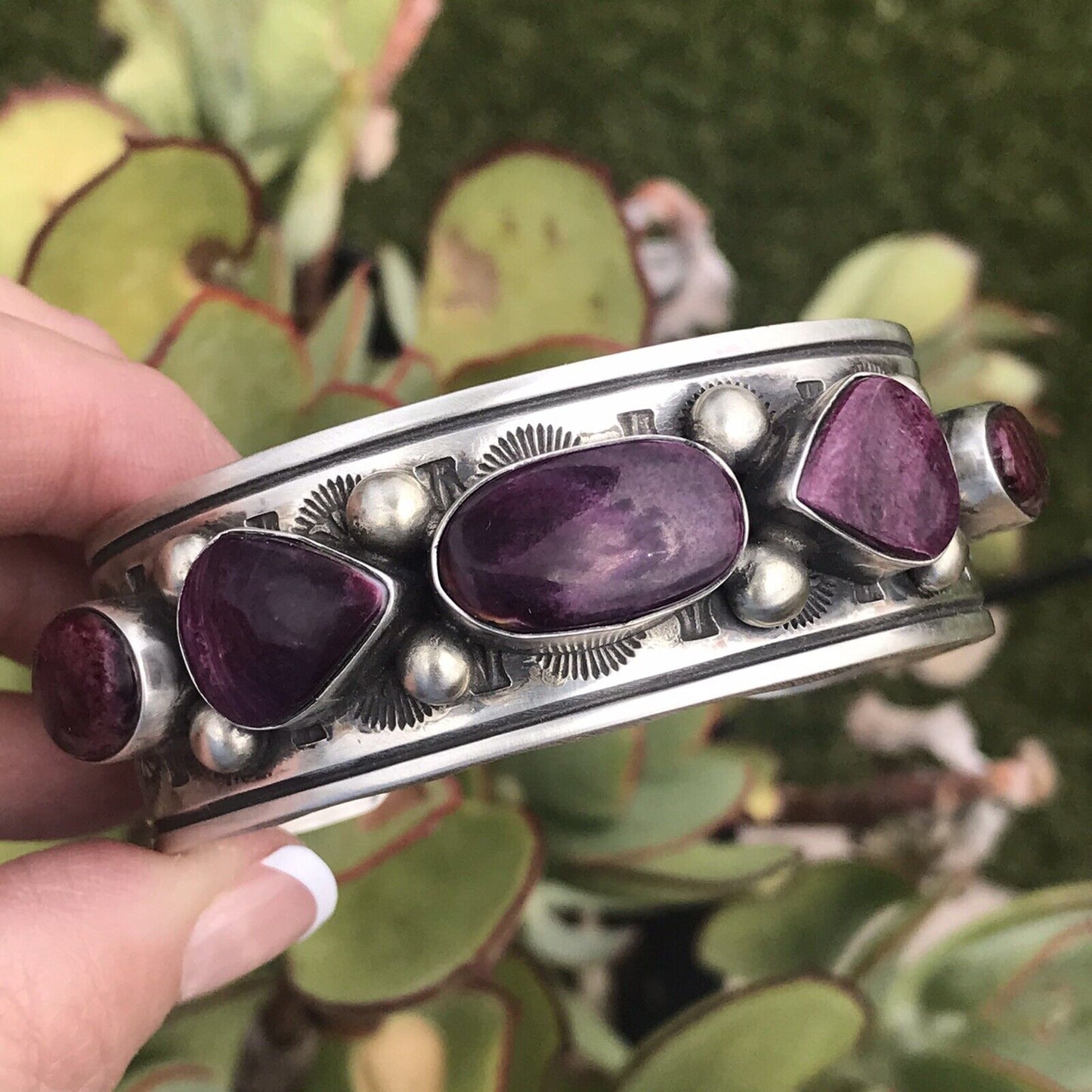 Purple Spiny Oyster  Sterling Silver Cuff Bracelet Signed