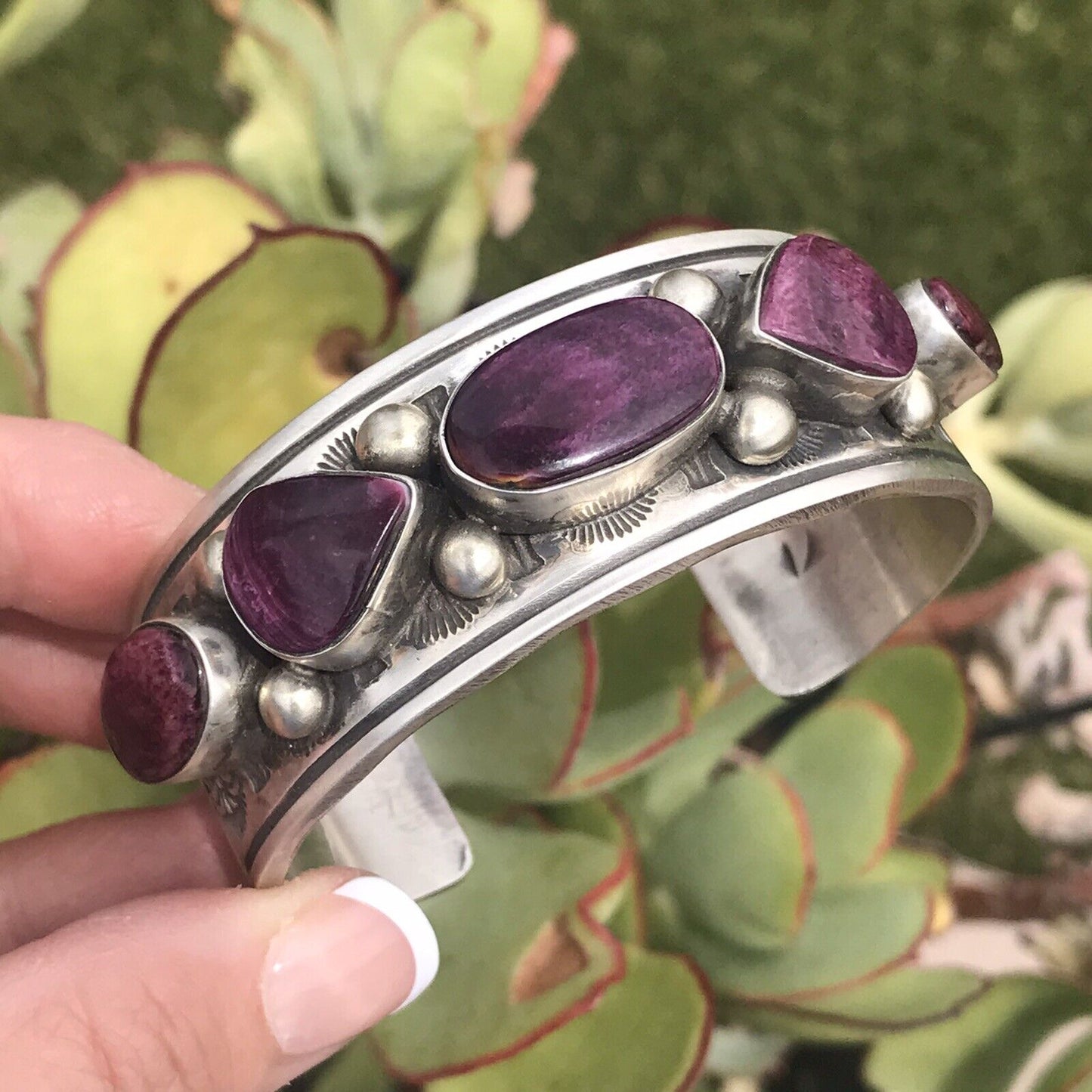 Purple Spiny Oyster  Sterling Silver Cuff Bracelet Signed