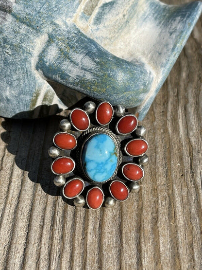 Navajo Sterling Silver Kingman Web Turquoise & Red Coral Taos Ring Sz 5.5