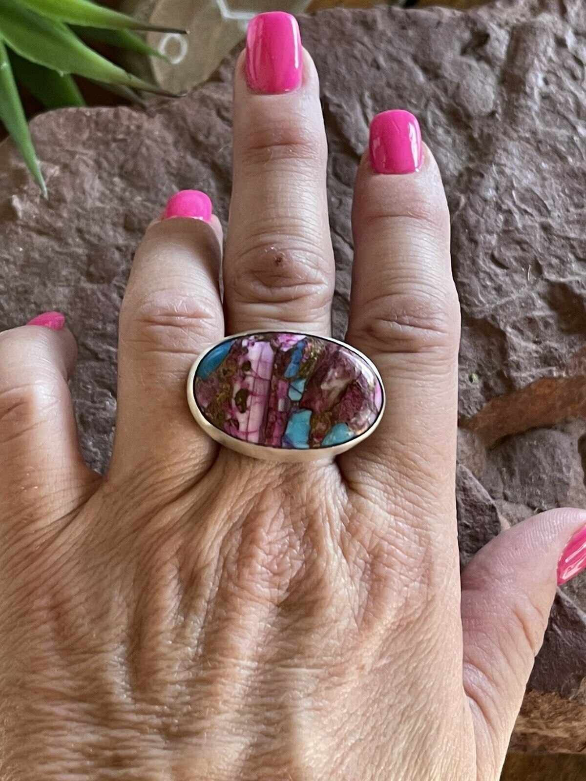 Navajo Pink Dream Mojave Oval Rope & Sterling Silver Adjustable Ring