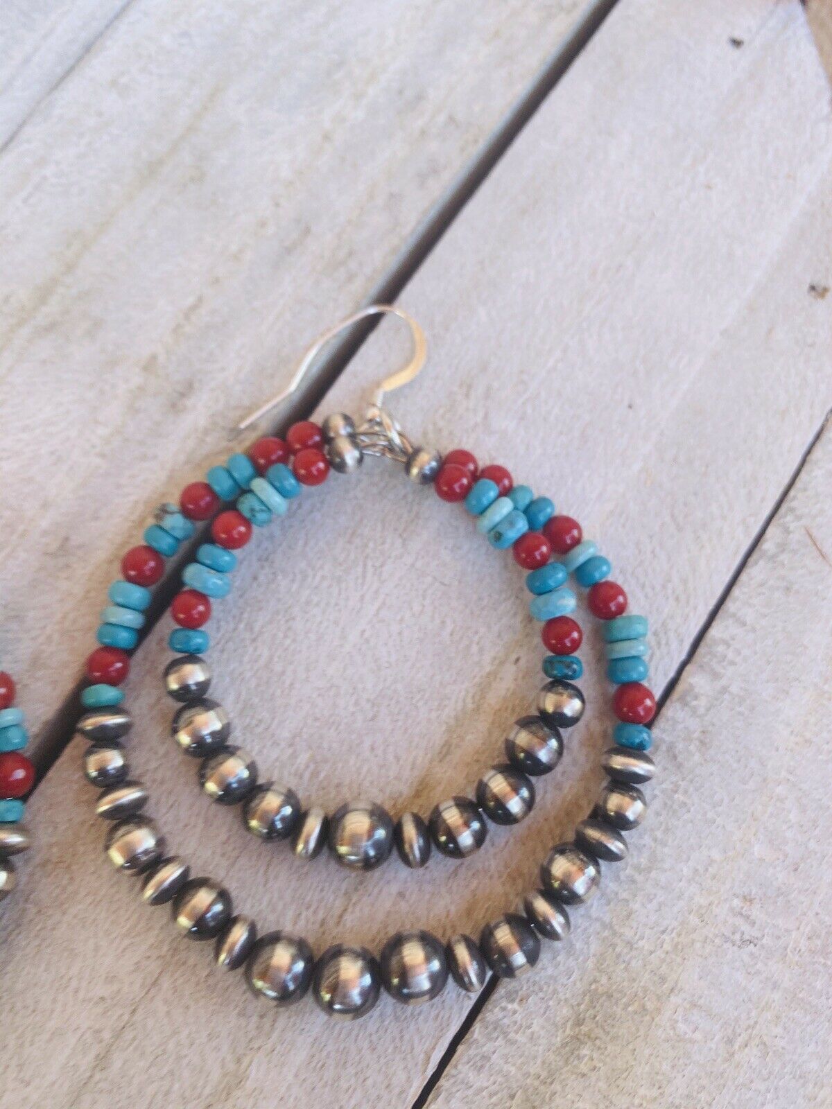 Navajo Turquoise, Coral & Sterling Silver Navajo Pearl Dangle Hoop Earrings