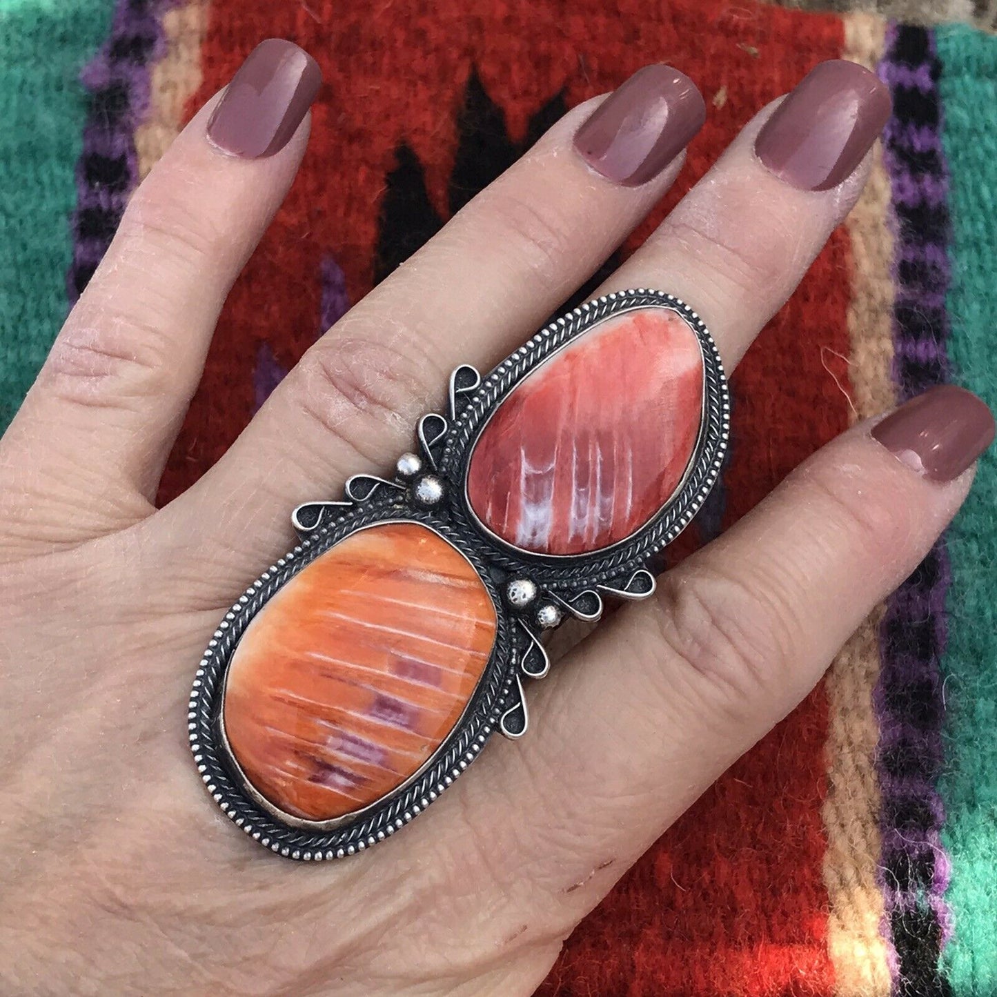 Orange Spiny Oyster & Sterling Silver Ring Size 7.5