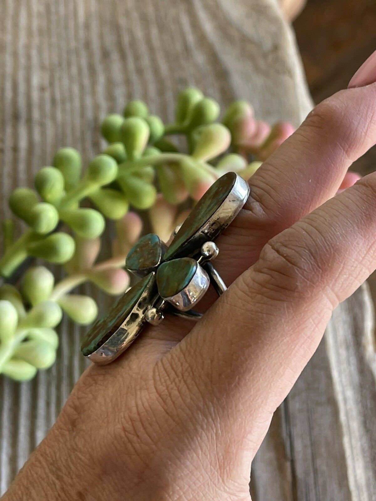 Sterling Silver & Royston Turquoise Petal Ring Size 8. Signed