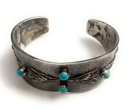 Navajo Old Pawn Vintage Turquoise & Sterling Silver Tufa Cast Cuff Bracelet