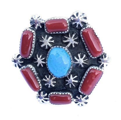 Navajo Turquoise, Coral & Sterling Silver Ring Size 9