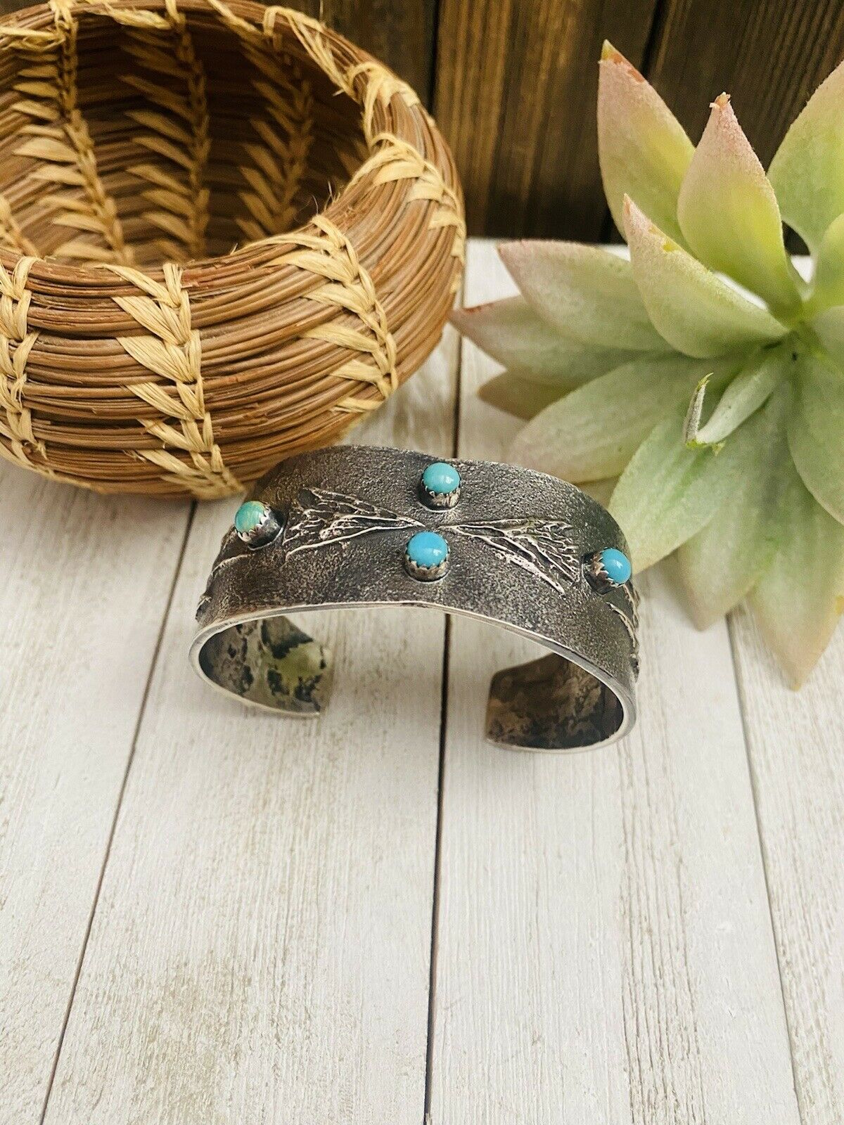 Navajo Old Pawn Vintage Turquoise & Sterling Silver Tufa Cast Cuff Bracelet