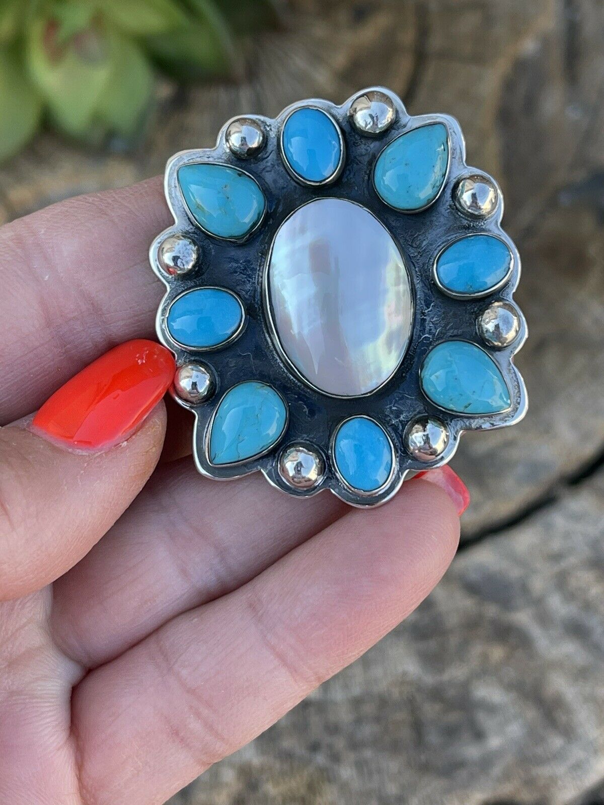 Navajo Cluster Turquoise & Mother Of Pearl Sterling Silver Ring Sz Is Adjustable