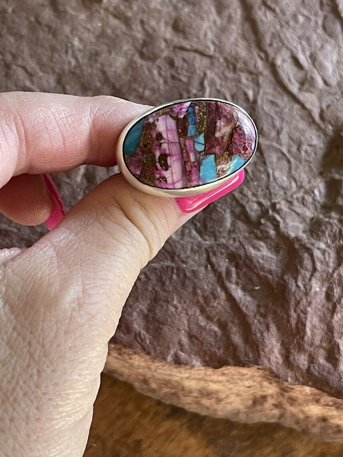 Navajo Pink Dream Mojave Oval Rope & Sterling Silver Adjustable Ring