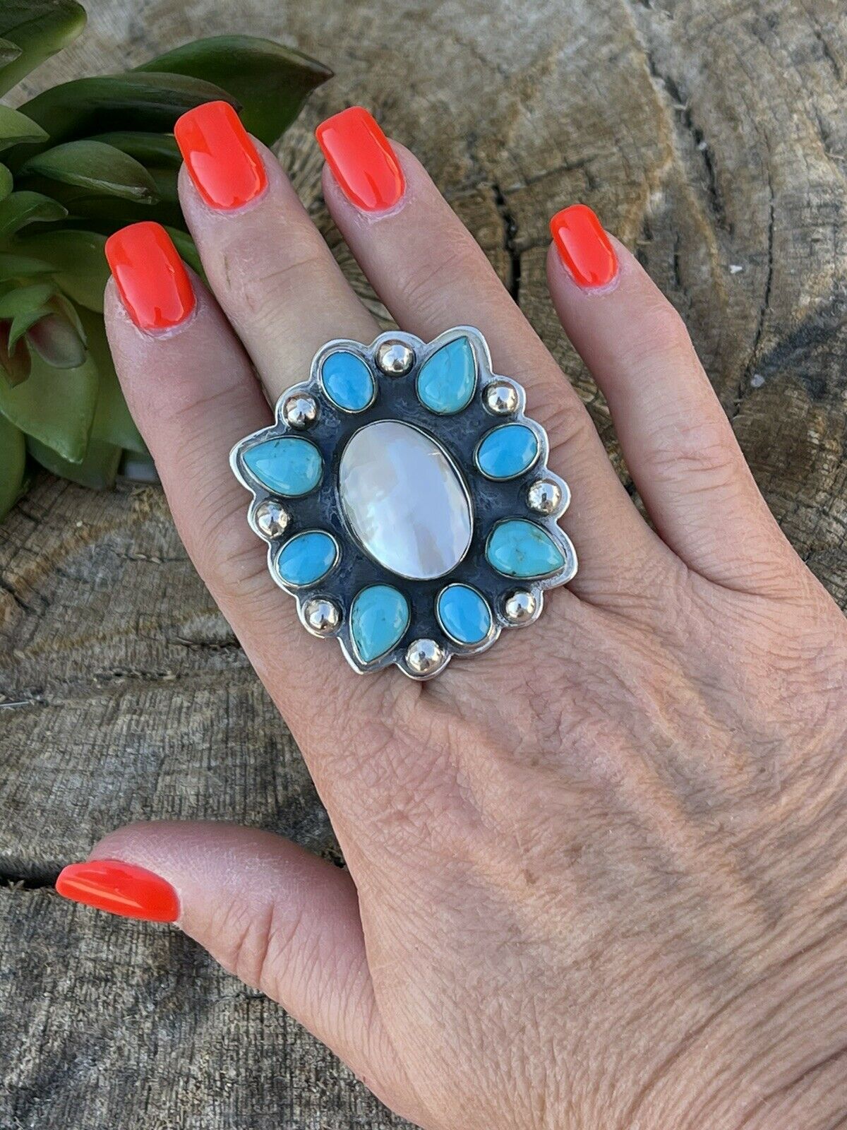 Navajo Cluster Turquoise & Mother Of Pearl Sterling Silver Ring Sz Is Adjustable