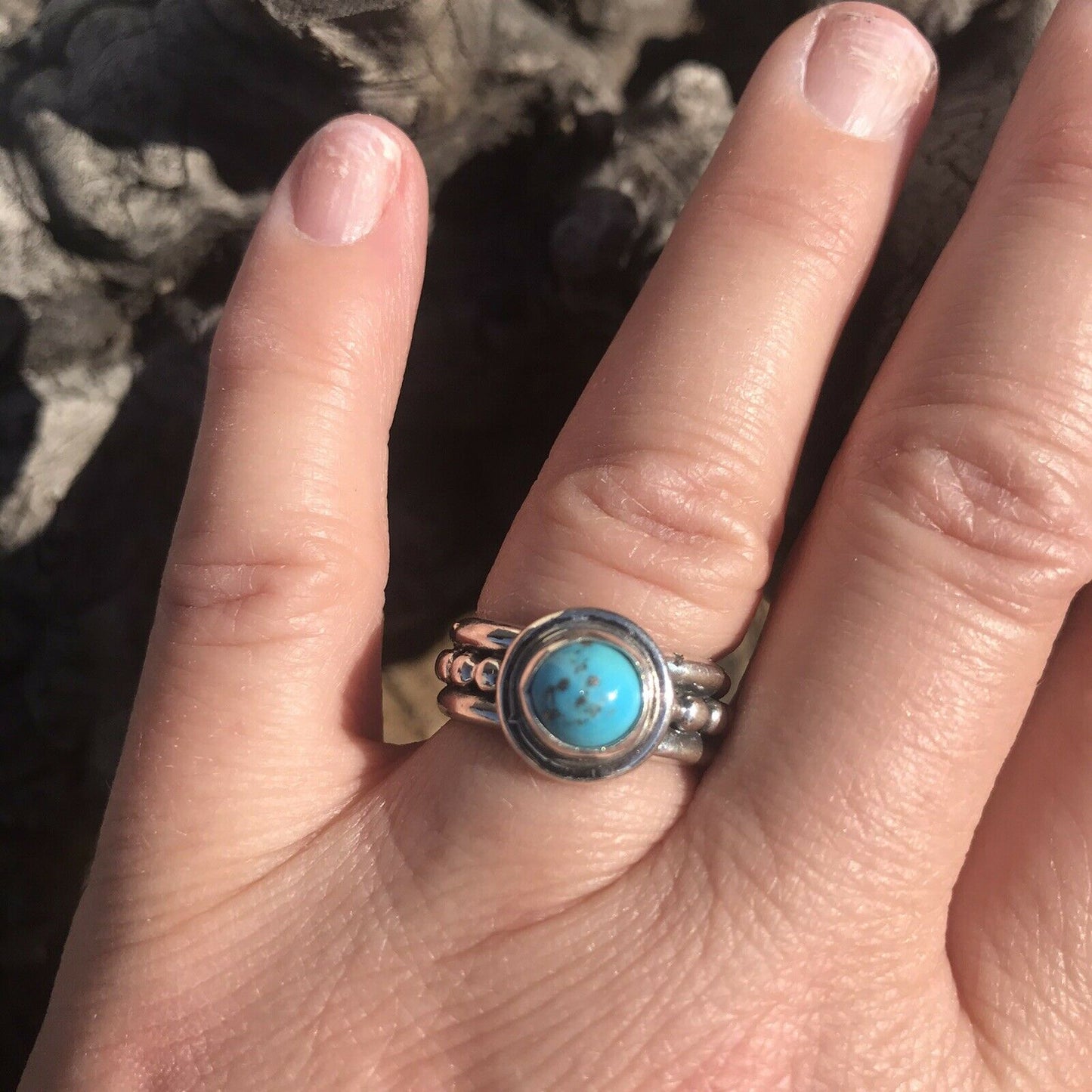 Navajo Kingman Turquoise & Sterling Silver Dotted Band Ring