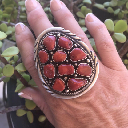 Navajo Sterling Silver Natural Red Coral Ring Sz 7