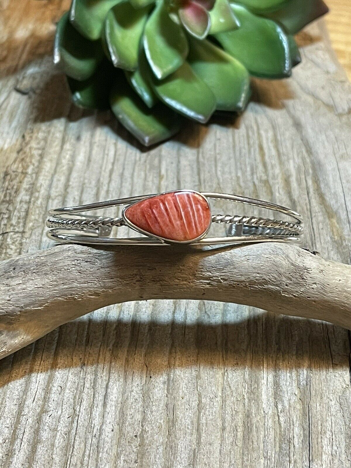 Navajo Teardrop Orange Spiny Sterling Silver Bracelet Rope Style Cuff