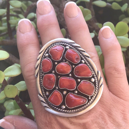 Navajo Sterling Silver Natural Red Coral Ring Sz 7