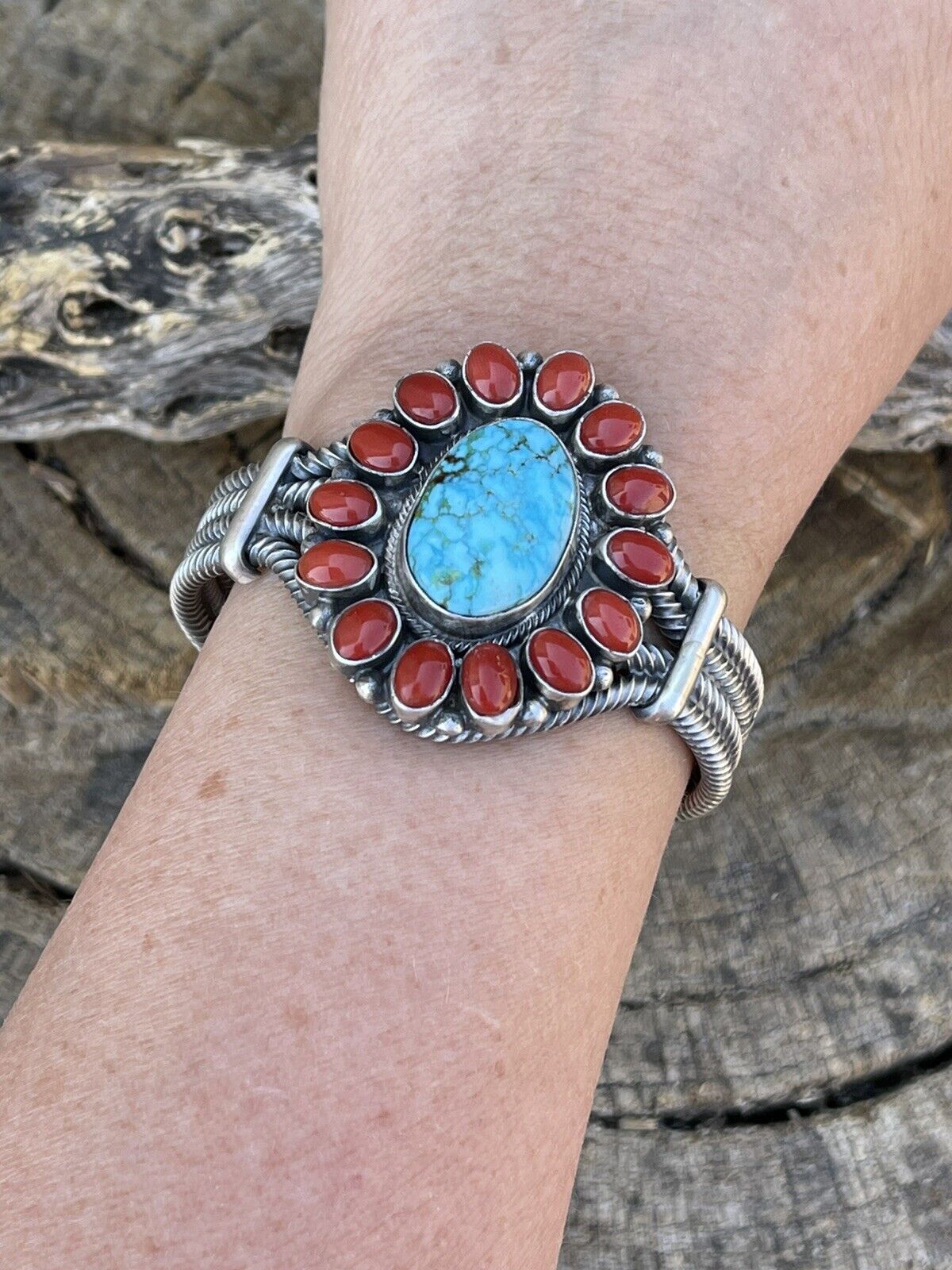 Navajo Sterling Kingman Web Turquoise & Red Coral Taos Bracelet Cuff B. Johnson