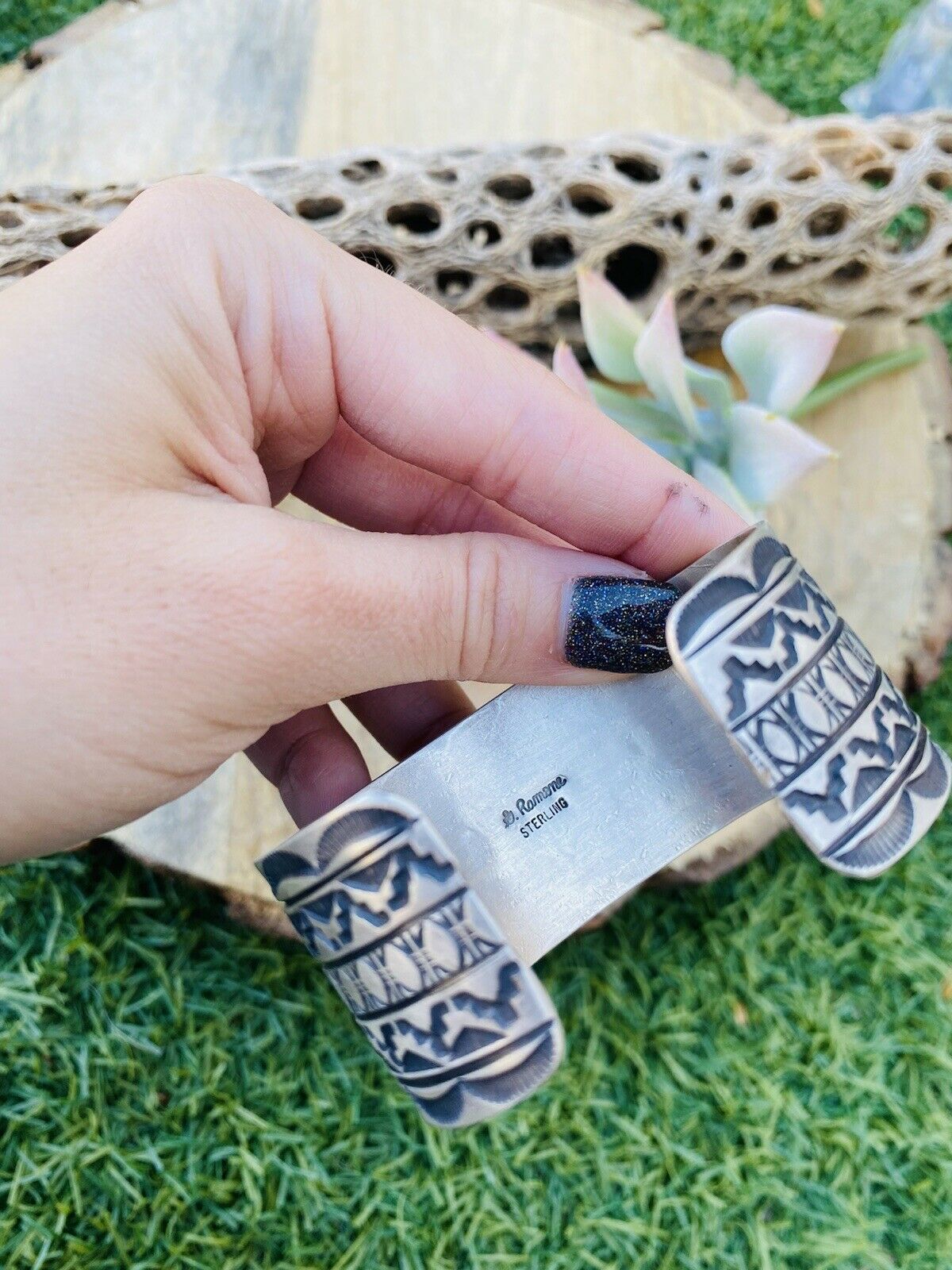 Vintage Navajo Turquoise & Sterling Silver Hand Stamped Cuff Bracelet