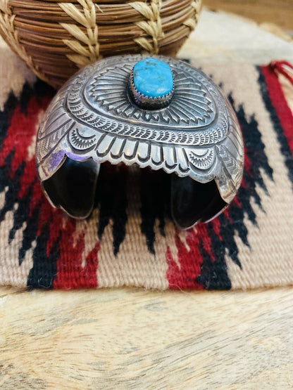 Vintage Navajo Turquoise & Hand Stamped Sterling Silver Cuff Bracelet