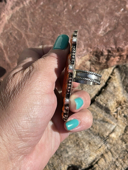 Navajo Sterling Silver Orange Spiny Cluster Jumbo Ring Sz 9