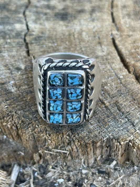 Navajo Unisex Turquoise Sterling Silver Statement Ring Sz 10.5