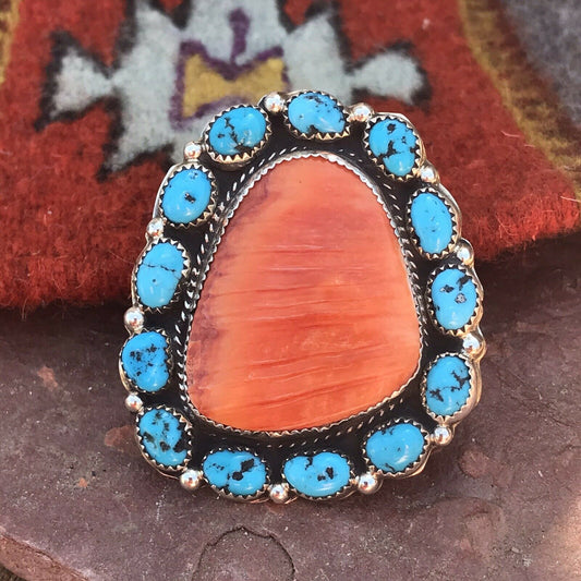 Navajo Cluster Turquoise Spiny Oyster Sterling Silver Ring Sz  8