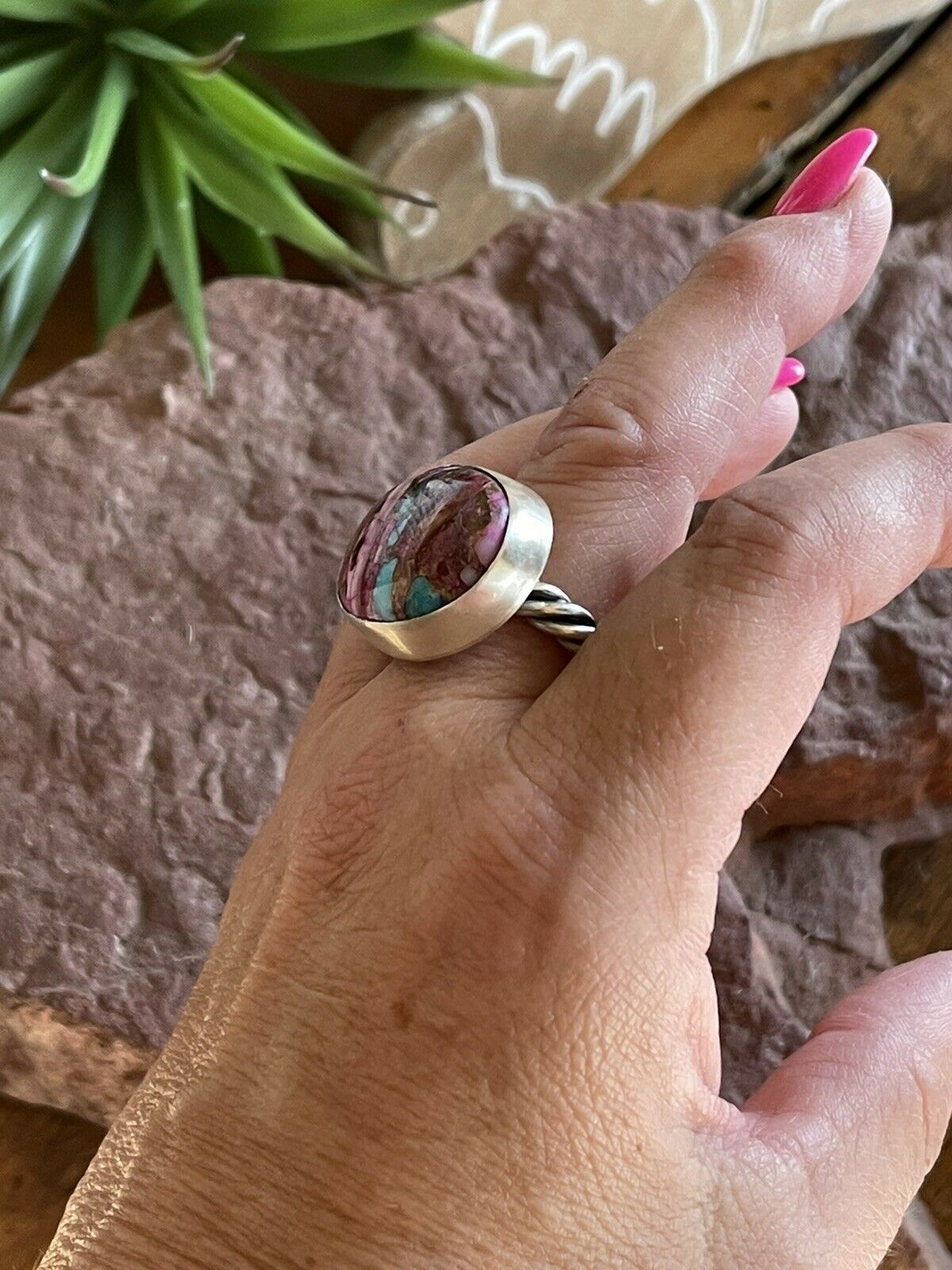 Navajo Pink Dream Mojave Oval Rope & Sterling Silver Adjustable Ring