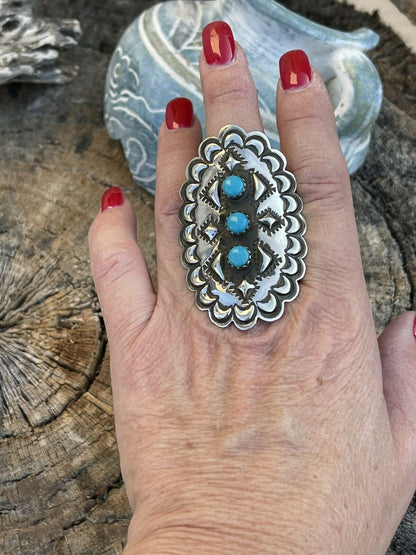 Navajo 3 Stone Turquoise & Sterling Silver Concho Ring Adjustable Signed L.Tahe