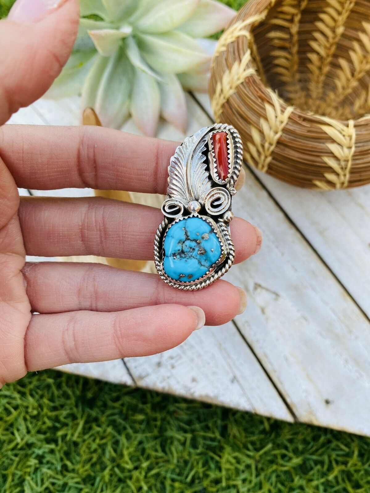 Navajo Turquoise, Coral & Sterling Silver Ring Size 5