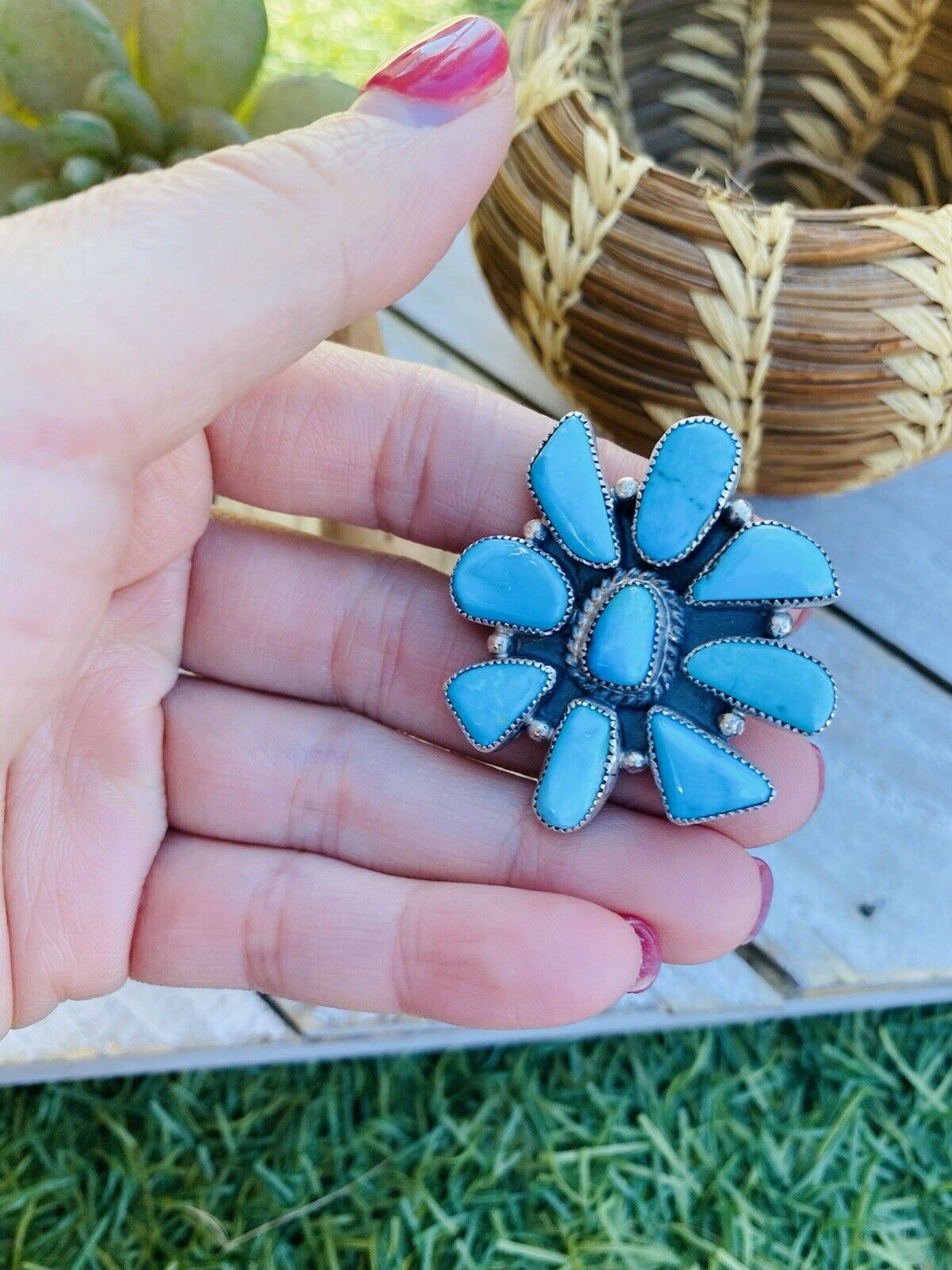 Navajo Turquoise & Sterling Silver Cluster Ring Size 7