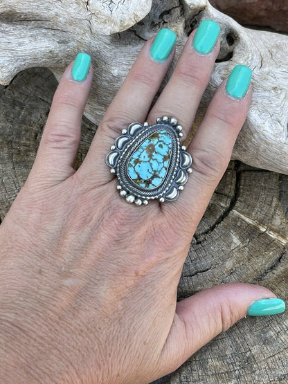 Navajo Sonoran Mountain Turquoise & Sterling Silver Statement Ring Size 7