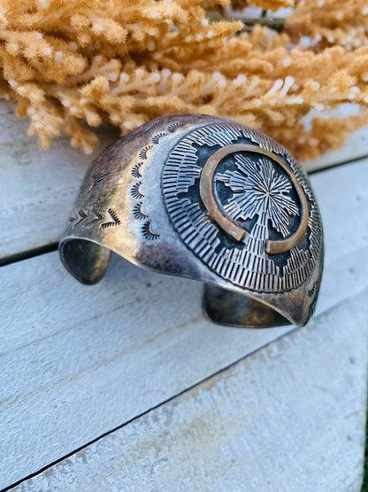 Vintage Navajo Sterling Silver & Copper Cuff Bracelet Signed