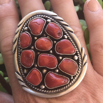 Navajo Sterling Silver Natural Red Coral Ring Sz 7