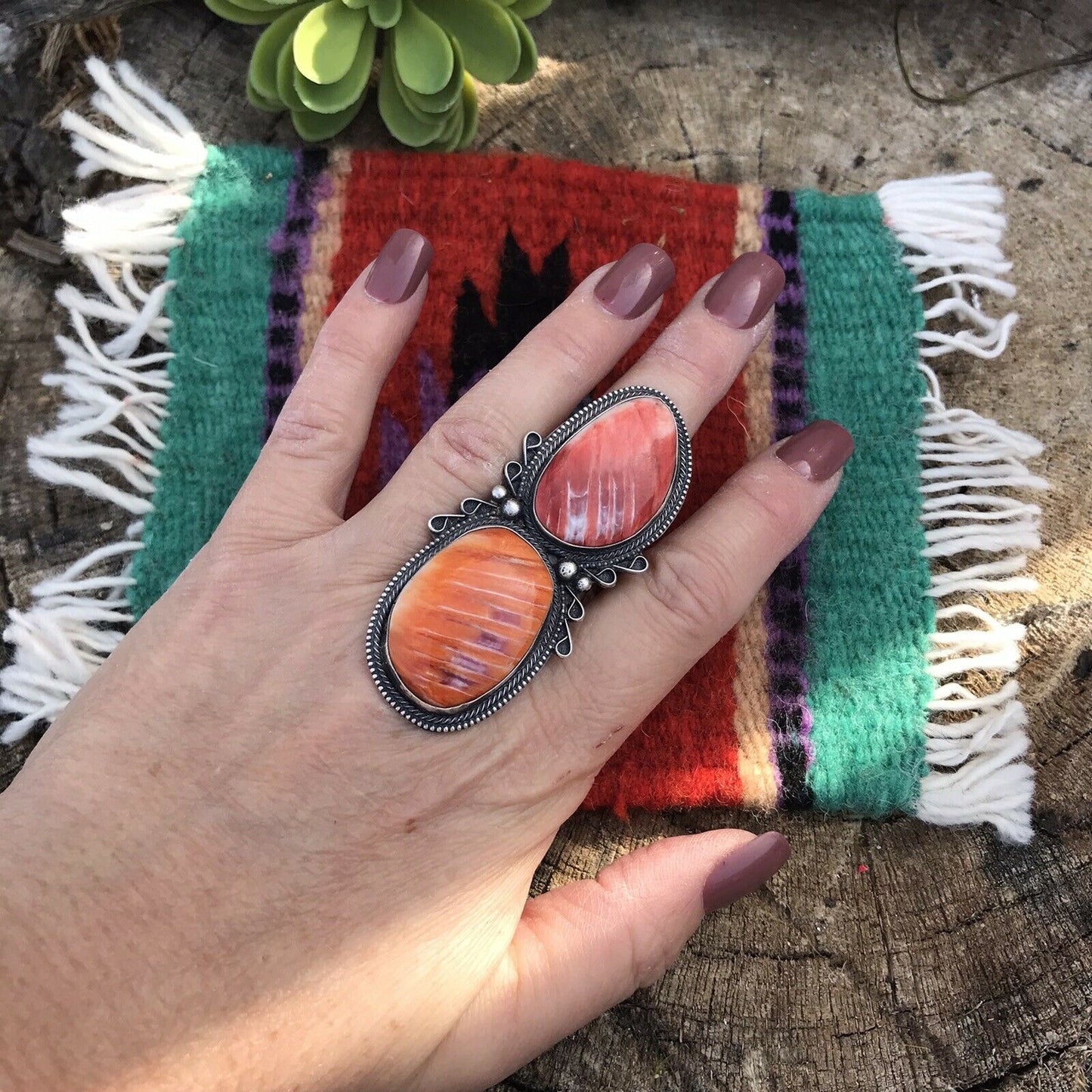 Orange Spiny Oyster & Sterling Silver Ring Size 7.5