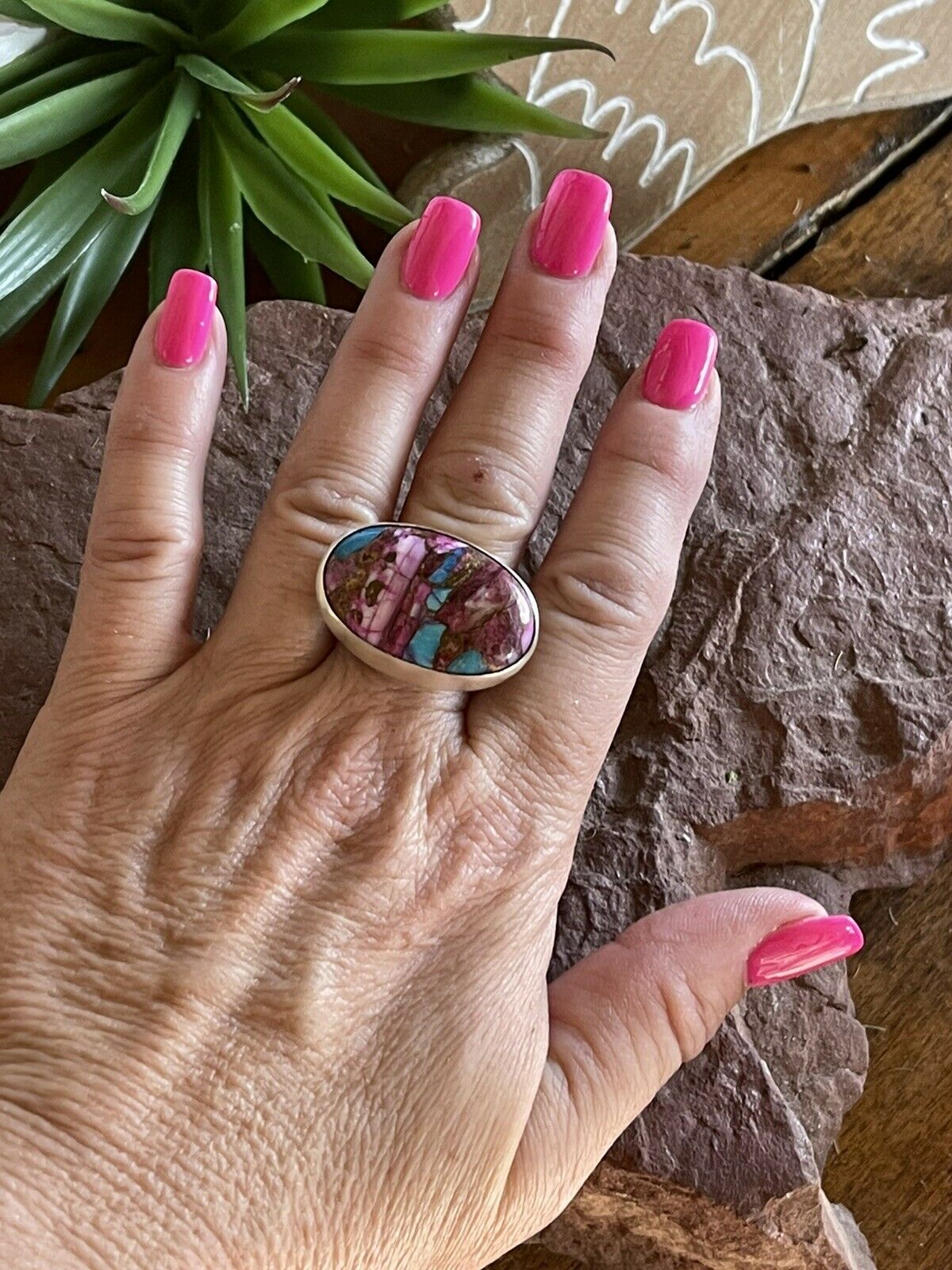 Navajo Pink Dream Mojave Oval Rope & Sterling Silver Adjustable Ring