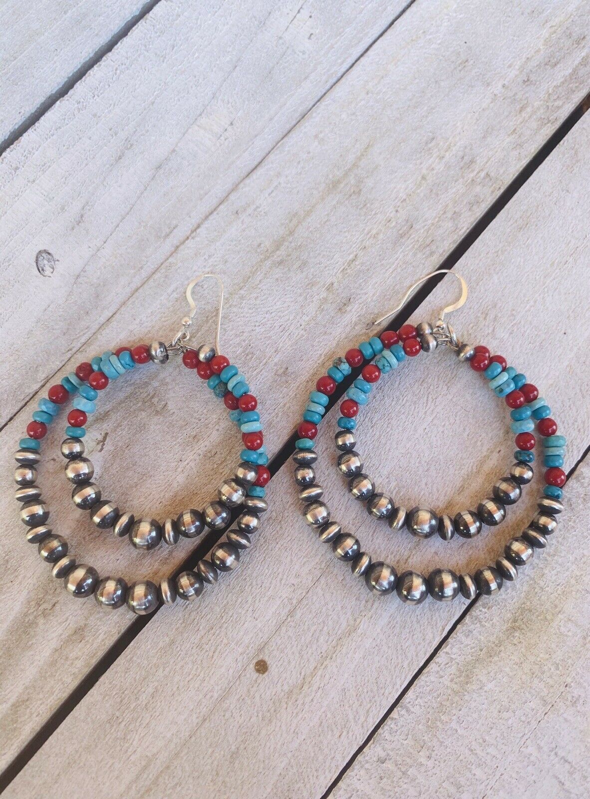 Navajo Turquoise, Coral & Sterling Silver Navajo Pearl Dangle Hoop Earrings