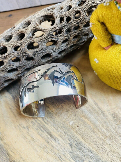 Navajo Sterling Silver Overlay Horse Cuff Bracelet