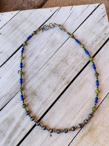 Navajo Lapis, Gaspeite And Sterling Silver Navajo Pearl Beaded Necklace