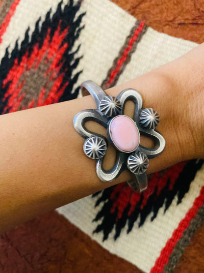 Navajo Queen Pink Conch Shell & Sterling Silver Cuff Bracelet By Chimney Butte