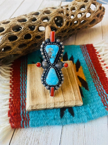 Navajo Sterling Kingman Turquoise & Red Coral Ring Size 9 By Shawn Cayatineto