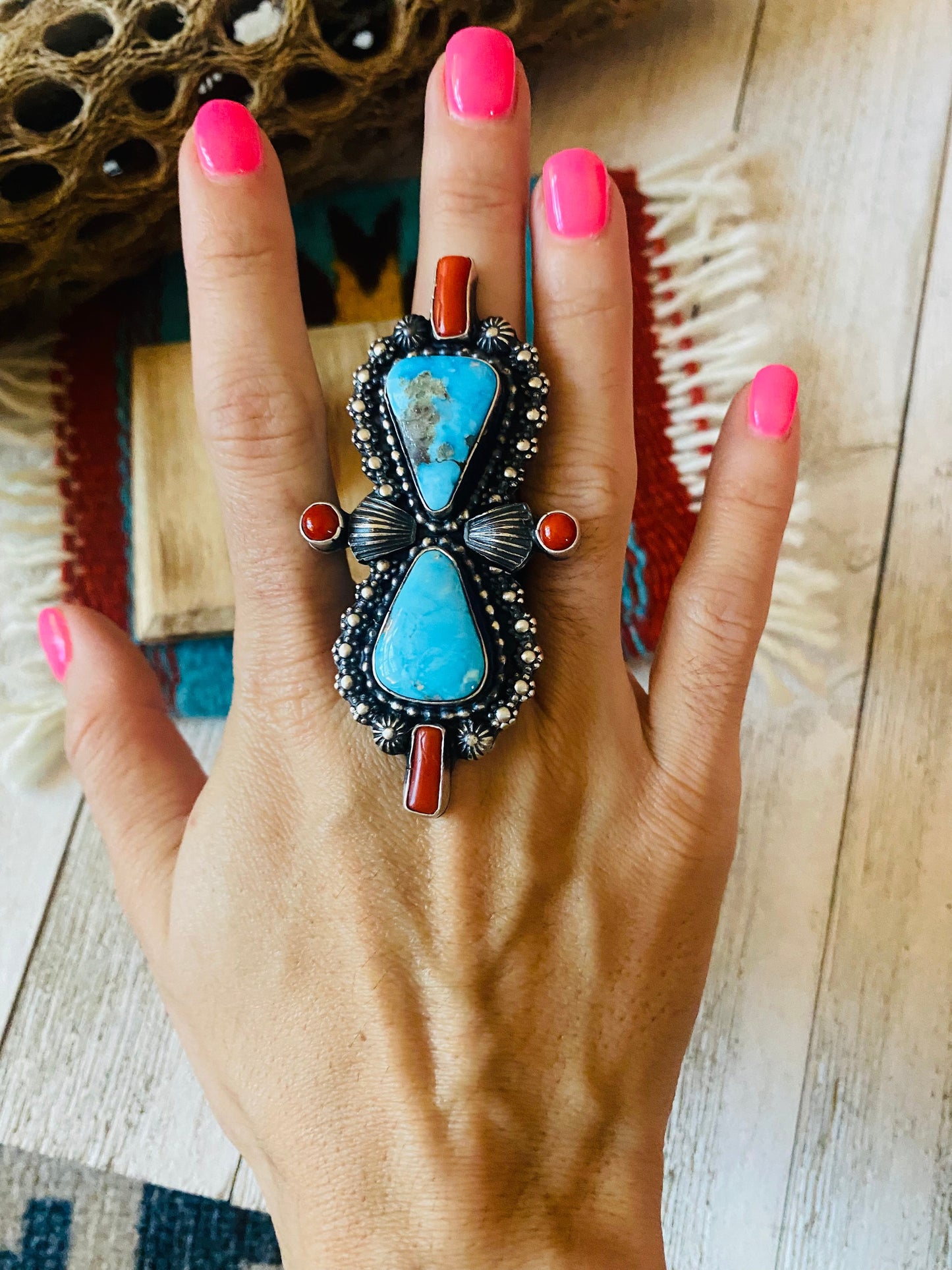 Navajo Sterling Kingman Turquoise & Red Coral Ring Size 9 By Shawn Cayatineto