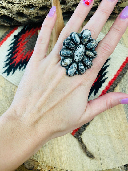 Navajo Sterling Silver And White Buffalo Cluster Adjustable Ring Signed