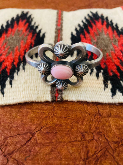 Navajo Queen Pink Conch Shell & Sterling Silver Cuff Bracelet By Chimney Butte