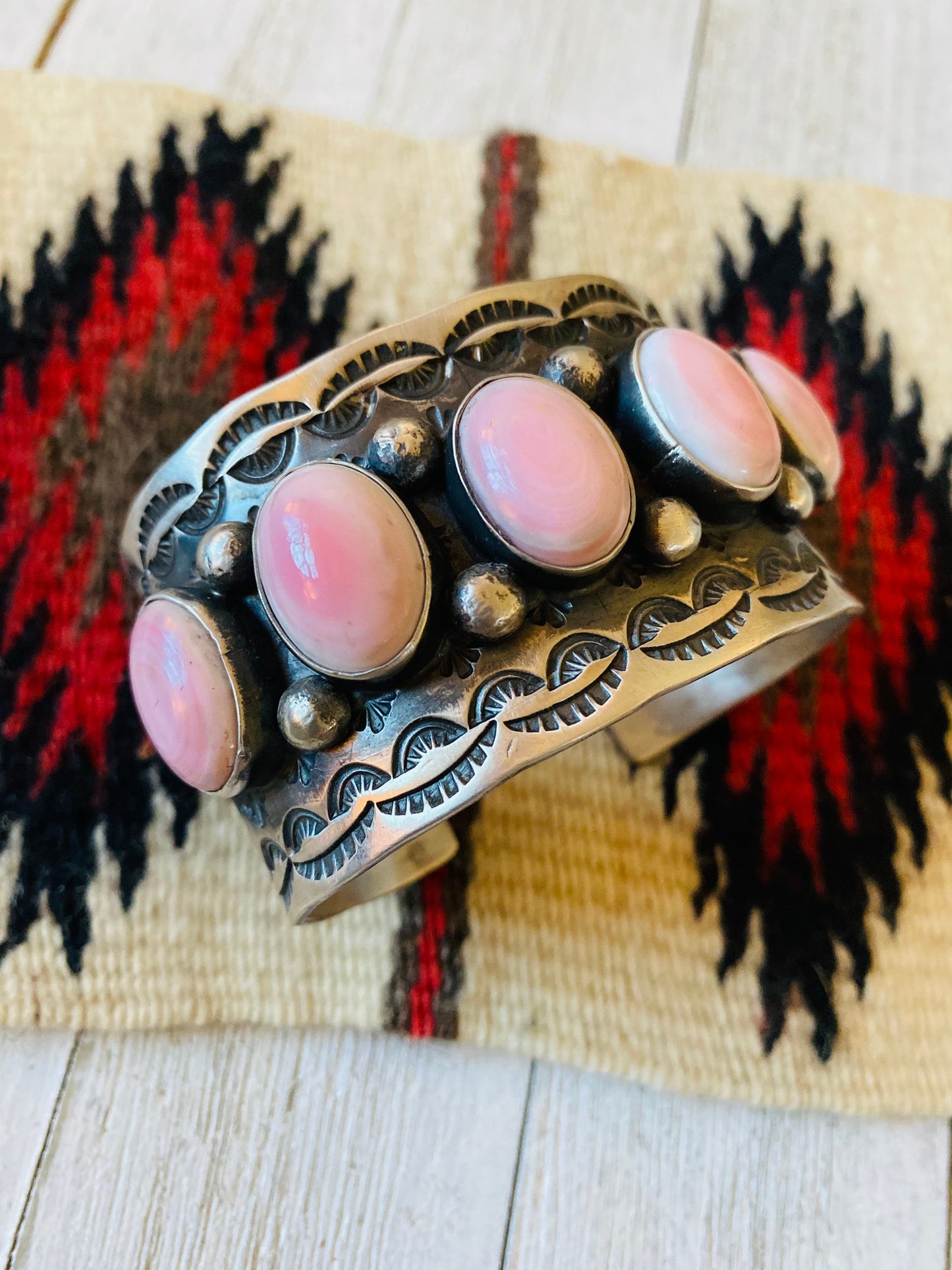 Navajo Queen Pink Conch Shell & Sterling Silver Cuff Bracelet Signed